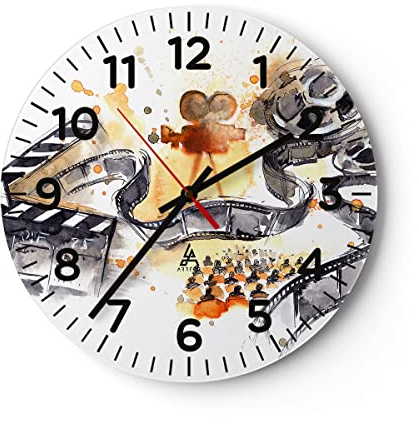 Modern Wanduhr Film Projektor Illustration 40x40cm Rund Groß Wand Uhr Glas Analog Zimmeruhren Küche Büro Wohnzimmer Glasuhr Wall Clock Dekoration Design Wanddekoration Küchenuhr C4AR40x40-3017