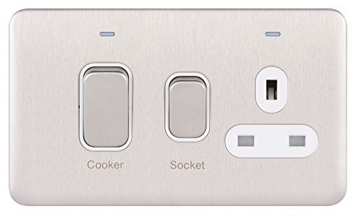 Schneider Electric Lisse Screwless Deco - Switched Cooker Control Unit with 13 A Single Socket and Neon Indicator, 45 A, GGBL4001WSS, Stainless Steel with White Insert
