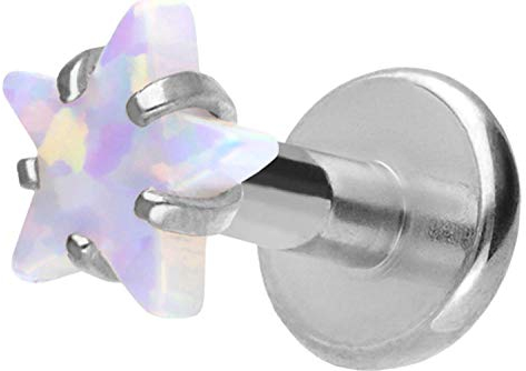 PIERCINGLINE Titan Labret Stecker Gewinde synth. OPAL STERN weiß Piercing Lippe Nase Ohr Silberfarben 1,2 x 6 mm