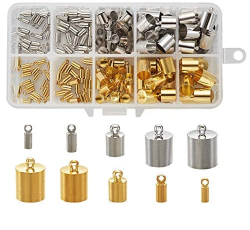 Craftdady 170Pcs Brass Cord End Caps 5 Sizes Barrel Glue in Cord Ends for Kumihimo Tassel Leather Bracelet Jewelry Making