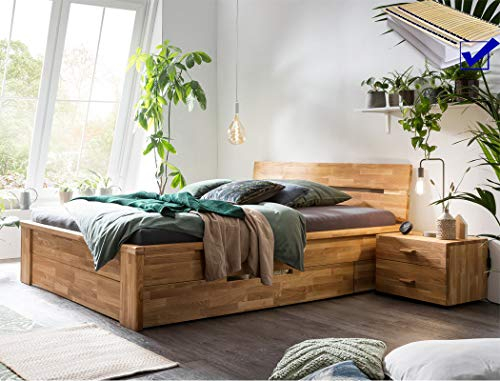 expendio Massivholzbett Cleo Wildeiche geölt Schubladenbett + Lattenrost + Matratze Auswahl Größe Nachttisch Stauraumbett Komplettbett, Liegefläche:180 x 200 cm, Set-Inhalt:Bett