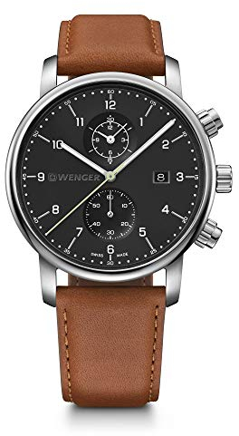 WENGER Herren Armbanduhr Urban Classic Chronograph Ø 42 mm, Swiss Made, Analog Quarz, Wasserdicht bis 100 m, Leder-Armband, Schwarz/Braun, 01.1743.121