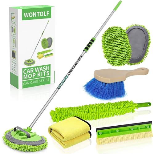 Wontolf Lot de 9 brosses de Lavage de Voiture avec Long Manche en Microfibre Chenille pour Lavage de Voiture - Kit de Nettoyage de Pare-Brise de fenêtre - Raclette de Voiture - Serviettes en