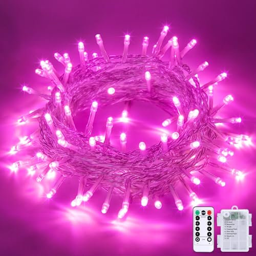 JMEXSUSS 33ft 100 LED Pink Christmas Tree Lights, Pink Battery Operated Lights with 8 Modes Remote Indoor Outdoor Waterproof