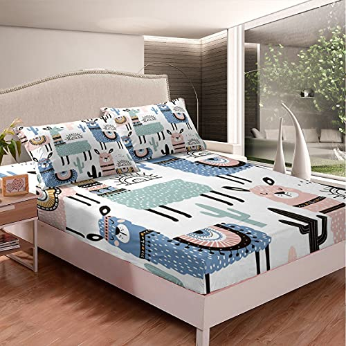 Kinder Niedlich Lama Spannbettlaken 90x200cm Karikatur Lama Alpaka Spannbetttuch Für Mädchen Jugendliche Kawaii Boho Tier Dekor Bettlaken Set Bohemien Stil Schlafzimmer 2St