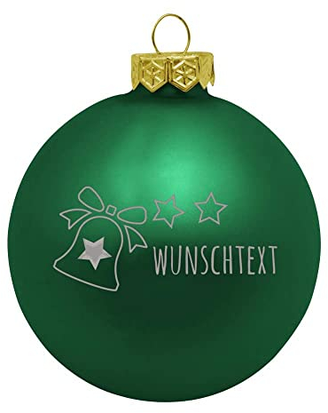 Deitert Weihnachtskugel mit Wunschtext Gravur, Ø 8cm, personalisierte Christbaumkugel aus Glas (matt), Individueller Weihnachtsbaumschmuck Namen oder Spruch, Glocken-Motiv, Grün