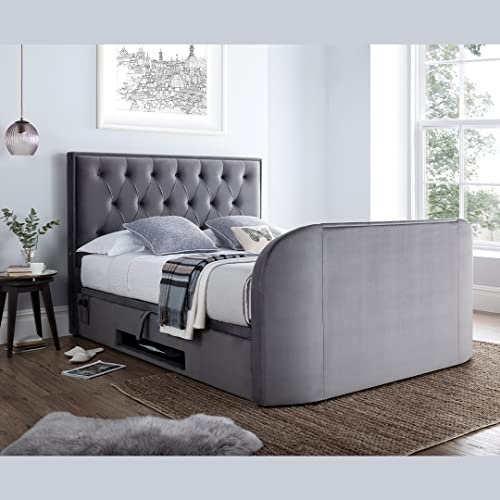 Geneva TV Bed Frame with Ottoman Storage & 2.1 Bluetooth Speaker System (Grey Velvet, Super King)