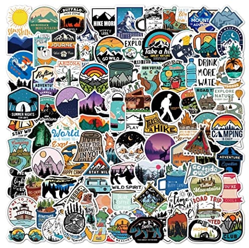 100 Pcs Outdoor Stickers, Adventure Camping Stickers, Nature Hiking Travel Waterproof Vinyl Graffiti Stickers Decals for Water Bottle Laptop Skateboard Luggage Car Motorcycle