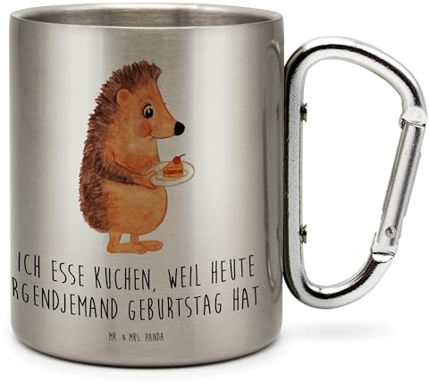 Mr. & Mrs. Panda Campingtasse Igel Kuchenstück - Geschenk, Kuchen backen, Backen Geschenk, Tiermotive, Essen Spruch, lustige Sprüche, Karabiner,