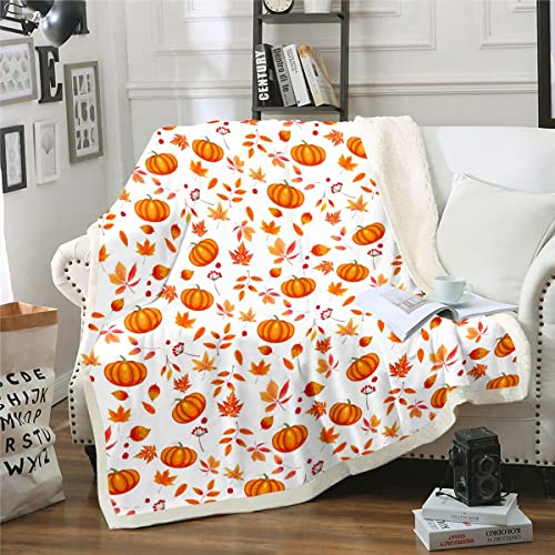 Halloween Kürbis Decke Frohes Herbst Decke Werfen 75 x 100 Süße Herbstblumen Ahornblätter Sherpa Decke Thanksgiving Geschenke Fleece Decke für Kinder Jungen Mädchen Herbst Zuhause Raumdekor
