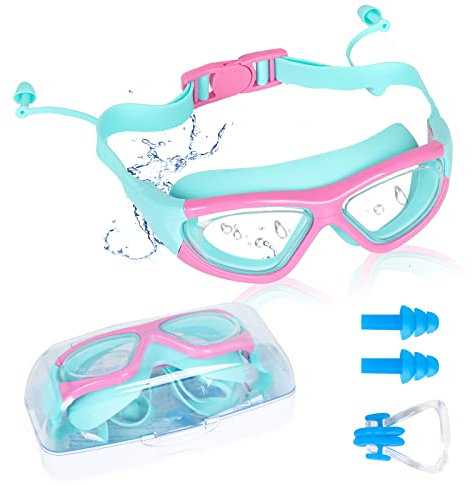 Gafas de Natación,Gafas para Nadar antivaho para Niños, Gafas Natación con Tapones para Oídos,Clip para Nariz,Protección UV Gafas de Buceo con Correa de Silicona Ajustable para Niños y Niñas (Rose)