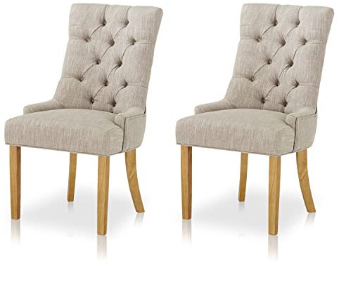 KHG 2er Set Esszimmerstühle Relax-Sessel grau, kleine Armlehnen - Rückenlehne mit Zierknöpfen, Massivholz Stuhlbeine - Küchenstuhl, Design Stuhl mit Bezug aus meliertem Webstoff