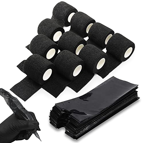 Grip Tape mit Tattoo Stift Taschen - TONBAO 10PCS Tattoo Grip Cover Wrap, 5 cm x 4,5 m, mit 200PCS Black Tattoo Machine Pen Bags