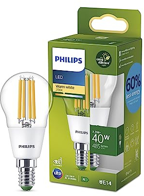Philips Classic ultraeffiziente LED-Lampe mit Energieeffizienzklasse A, ersetzt 40W, E14 Sockel, Tropfenform, Klar, warmweißes Licht (2700K), alte Generation