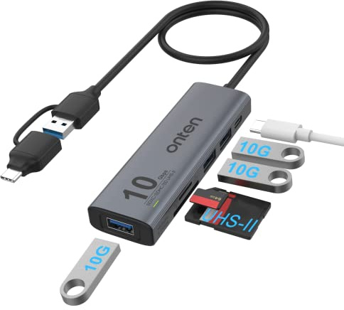 Onten Hub USB C, adaptateur USB 3.2 Gen 2 10 G, USB A/USB C vers USB A. Avec 3 ports USB A (10 G) et ports UHS-II SD/TF, lecteur de carte SD USB C UHS-II compatible avec SD/SDHC/SDXC/Micro SD