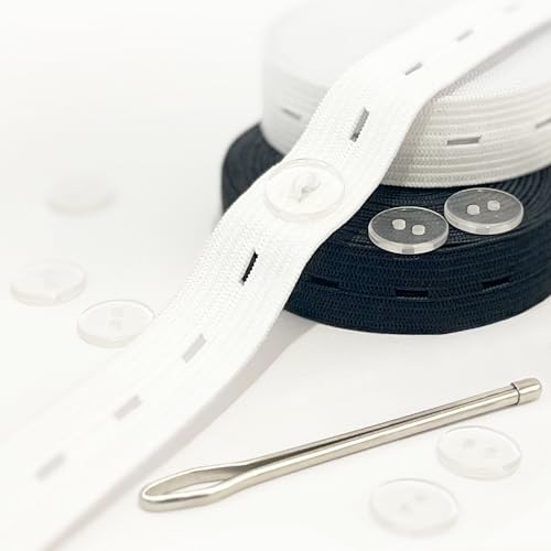Elastique Couture Plat, Accessoire au Mètre.Bande/Cordon Élastique Large Réglable avec Boutonnière,1m en Blanc,1m en Noir,15mm de Large. Avec 4 Boutons Transparents Résistants, 1 Aiguille Passe-Lacets
