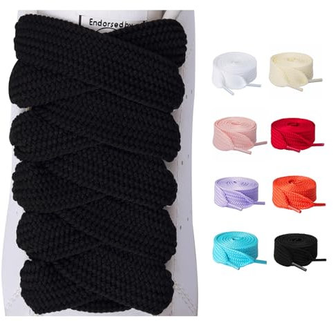 Olukssck 2 Paires de Lacets Chaussures Plats, Lacets Remplacement de 20 mm de Large Pour Baskets, Chaussures de Sport, Noir, 100cm