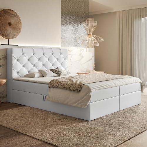 MOTIVENA Margo Chesterfield Boxspringbett 140x200 mit Bettkasten und Topper, Polsterbett 140x200 mit Bettkasten, Taschenfederkern-Matratze (H3), Visco Topper (H2), mit Strass, Kunstleder, Weiß