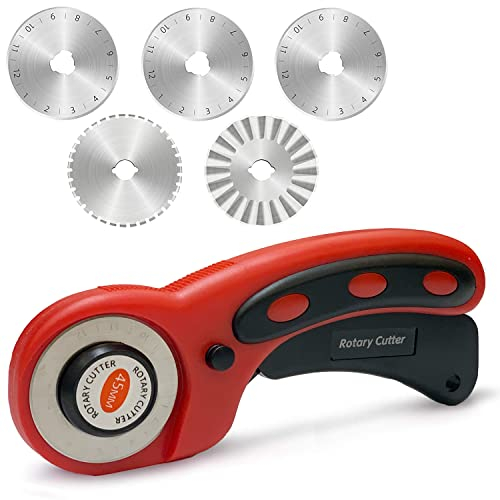 Kit de Couteau Rotatif Cutter Rotatif Couture avec 5 Lames de Rechange Ø 45mm une Découpe Précise Mécanisme de Protection pour Couture le Patchwork Tissu Papier Toile et de Cuir