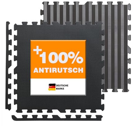 BodenMax Bodenschutzmatte Puzzle RUTSCHFEST OBEN + UNTEN [+100% mehr Schutz] | Sportmatten Unterlegmatte für Fitnessraum 58x58x1cm | schwarz und grau | 10, 20, 30, 40, 50 Stücke