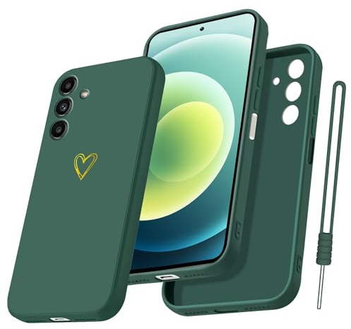 Coqinen Handyhülle für Samsung Galaxy A14 5G / 4G Hülle, Silikon Stoßfest Schutzhülle mit Gold Liebesherz, Ultra Dünne Weiche TPU Bumper Kratzfest Case, Nachtgrün