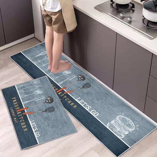 Hoimlm Lot de 2 Tapis de Cuisine antidérapants, Absorbe l'eau et l'huile, Résistant à la poussière, Tapis de Sol pour l'intérieur (Hamburger, 43 x 75 + 43 x 150 cm)