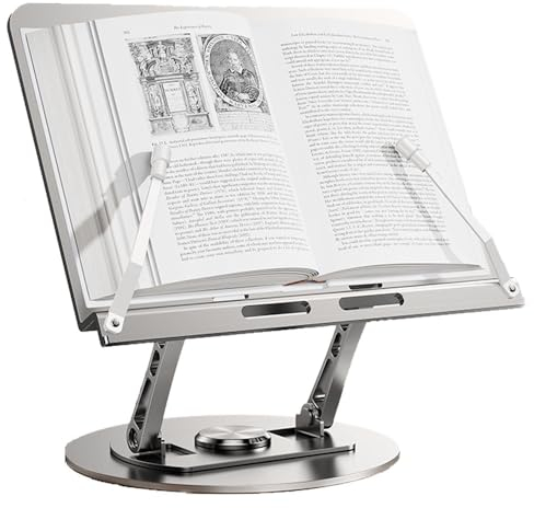 Support de livre réglable avec pied rotatif à 360° pour lecture mains libres, support de livre de cuisine pour la cuisine, pliable et portable, pour le bureau, couleurs aluminium