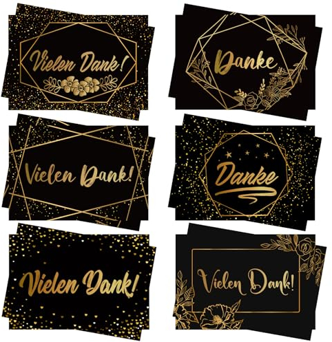 DATIFF 24 Stück Silvester Dankeskarten Schwarz Gold Danksagungskarten 8.4 x 5.3cm Happy New Year Vielen Dank Grußkarten Neujahr Dankeschön Postkarten Thank You Karten für 2025 Silvester Neujahr