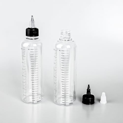 Tabanzhe 2-Piece 250ml Applicator Bottle - Dust-proof Leak-proof Plastic Squeeze Oil Bottle with Scale Mark Essential Oil Nozzle for Hair Dye, Salon Hair Care, Paint, Art Glue