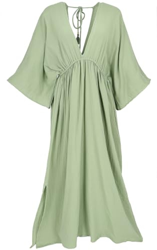 GURU SHOP Boho Sommerkleid, luftiges Langarm-Baumwollkleid, Maxikleid | Baumwolle, tiefer Ausschnitt, lose Passform, schwingender Rock, elegantes Design, ideal für Sommer