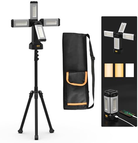 AODOO Lampe de Travail Rechargeable en Aluminium 13200 mAh Avec Trépied Pliable et Sac de Transport, 8000 Lumens à Intensité Variable Projecteur de Chantier