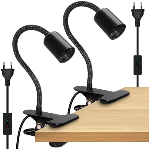 Lampada a pinza E27, 2 x lampada da comodino a morsetto, presa E27 con interruttore e cavo da 220 cm, faretto a pinza con clip in metallo, lampada a clip a collo di cigno prolungata di 35 cm, lampada