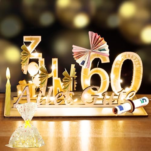 YSWOVUO 60. Geburtstag Frau Mann, Geldgeschenke Holz mit LED Lichterkette, Geschenk zum 60 Geburtstag Mann Frau, Geschenkideen zum 60 Geburtstag, Alles Gute