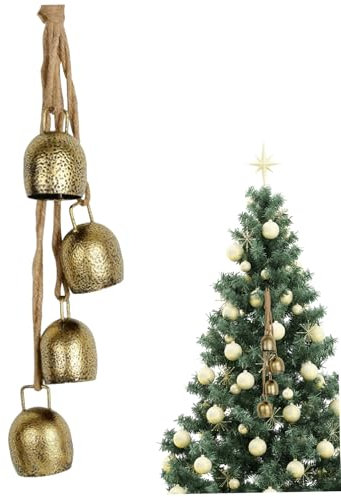 Weihnachtsglocken,Glocke Zum AufhäNgen Weihnachtsglocke Kuhglocke Goldene Weihnachtsglocken Vintage 4 Glocken rustikale Hängekuhglocken mit Seilglocke für Türgarten Wohnkultur Weihnachtsdekoration