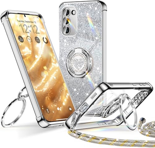 XYZ für Samsung Galaxy S20 FE Hülle mit Band, Herzen Doppelring Ständer Luxus Glitzer HandyHülle Kameraschutz, Frauen Stoßfest Elektroplattiert Soft TPU SchutzHülle Clear Samsung S20 FE Case,Silber
