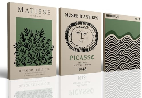 Picasso Matisse Gerahmte Wandkunstdrucke, Bauhaus, 3er-Set, Salbeigrün, Wanddekoration für Wohnzimmer, Leinwand, Kunstbild, Poster, ästhetisch für Galerie, Schlafzimmer, Dekoration, 30,5 x 40,6 cm