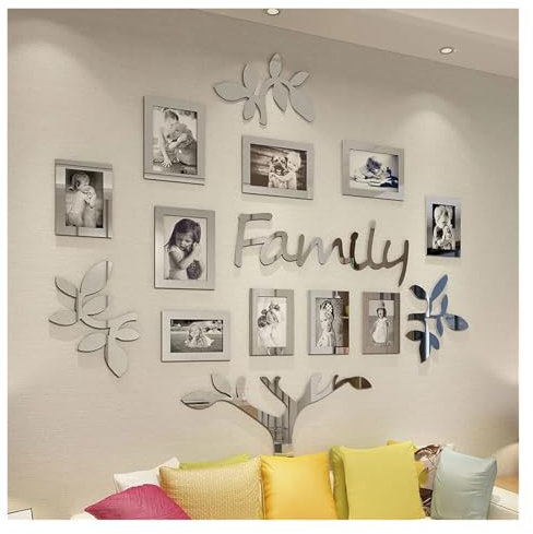 JMORCO Stick On Mirrors For Walls 3D Family Photo Tree Wall Stickers For Living Room DIY Photo Frame Tree Mirror Decal Home Decorative Art Wall Decals(Silver,S 87cmx89cm)