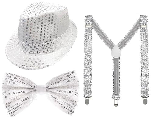 3 Stücke Shinny Pailletten Kostüm,Pailletten Hut Sliver Set,Pailettenhut Partyhut,mit Hosenträger Pailletten Fliege,Performance Zubehör für Fasching Party,Jazz Dance Performence,Cosplay,Mottoparty