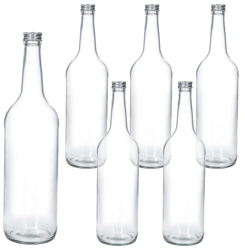 MamboCat Set di 6 bottiglie a collo dritto, 1 litro + tappo a vite, argento, bottiglia di vetro sostenibile con coperchio a vite, 1000 ml, da riempire per succo, acqua, olio, condimento & Co
