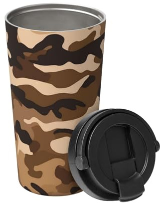 BWLHJKE Isolierter Kaffeebecher mit Klappdeckel und Griff, brauner Camouflage-Kaffeebecher, Edelstahl, Vakuum-Kaffeetasse, auslaufsicher, Reisebecher, 473 ml, wiederverwendbarer Thermobecher für den