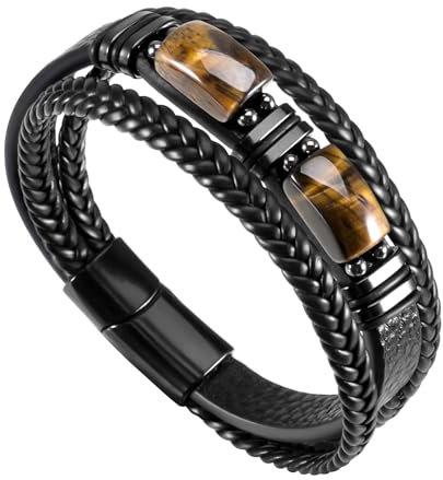 WUISOLQP Lederarmband Männer Herren Armband Mikrofaser-Leder Flechtarmband Wickelarmband mit Magnet Verschluss Premium Natürliches Tigerauge schwarz Armschmuck Geschenk für Männer Freund Ehemann Papa