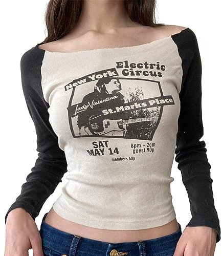 Geagodelia Women's Long Sleeve Top Ladies Gothic Graphic Going Out T-Shirt Y2K Fashion Grunge Aesthetic Clothes Outfit Skims Dupe Streetwear Clubwear (E - Cream, S)