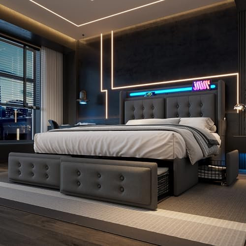 Polsterbett 140x200, LED Doppelbett Stauraumbett mit 4 Schubladen&USB C Ladefunktion&Staufach, Bett Funktionsbett Jugendbett Rückenlehne Bettgestell mit Holz Lattenrost, Baumwolle, Ohne Matratze, Grau