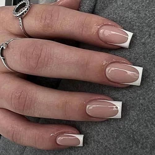 24 Short Square French Tip Stick-on Nails with Removable Adhesive - White Edge Full Cover Fake Nails - Women's Nail Art Accessories Set