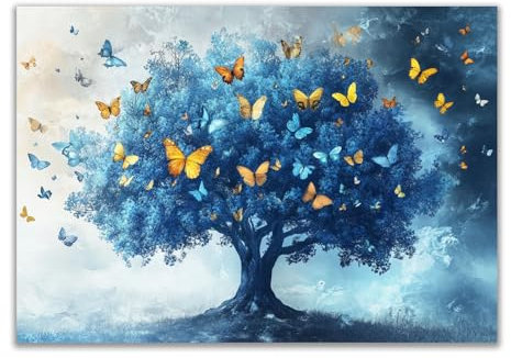 PUQAAEO Quadro su tela con albero della vita, farfalle e alberi, opera d'arte moderna, decorazione per camera da letto, soggiorno, dormitorio. - 40 x 60 cm senza cornice (blu)