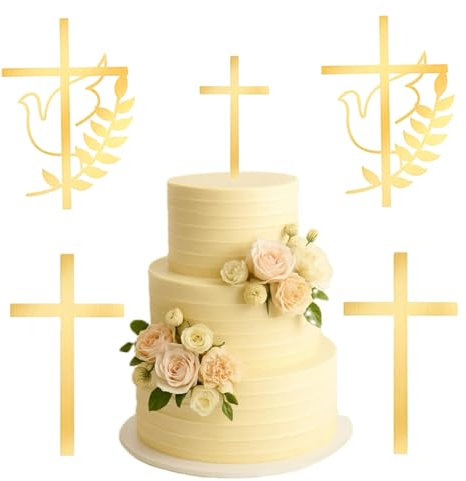 ZMDMAH 4 Pcs Tortendeko Kommunion, Kuchendeko Kreuz, Cake Topper Kommunion Cake Topper Taube Gold Acryl Torte Deko Kommunions Tortendeko für Spiegel Kuchen Topper Kuchen Dekoration für Taufe Hochzeit