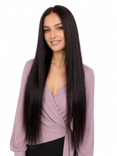 ManeMajesty T-Part Echthaarperücke 85 cm Glatt Naturfarbe | 100% Echthaar, HD unsichtbare Spitze, kleberfrei Wear & Go, 180% Dichte, atmungsaktive Kappe, glatt, weich fallend für Damen