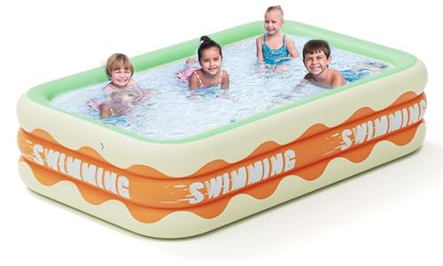Aufblasbarer Pool,180x130x60cm Planschbecken Rechteck Schwimmbecken Familienpool.Aufblasbares Schwimmbad,3Ring Planschbecken Innen Außen AufblasbarePool,Gartenschwimmbad Familienschwimmbad Für Sommer