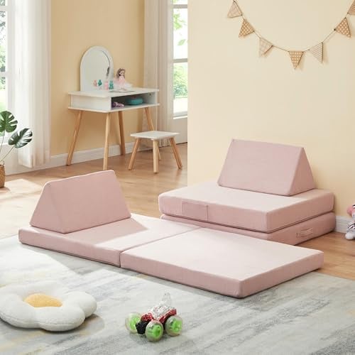 [en.casa] Spielsofa für Kinder Norhulta Kindersofa mit Schlaffunktion Schaumstoff Bausteine 5er Set Kindercouch ab 1 Jahr Modulares Sofa 150 x 66 x 46 cm Cord Rosa