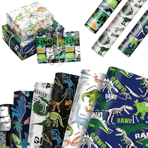 Dinosaurier Geschenkpapier 12 Blatt Dino Packpapier 68cm x 51cm | Dino Geschenkpapier Kinder, Gift Wrapping Paper für Happy Birthday Party, Einschulung, Geburtstag Deko (6 Stile)